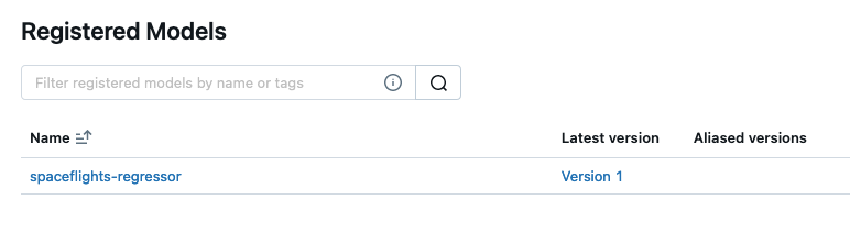 MLflow Model Registry listing one model registered with kedro-mlflow