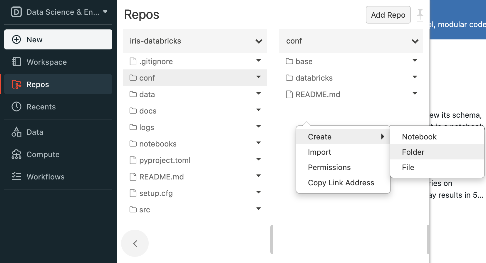 Create a conf folder in Databricks Repo